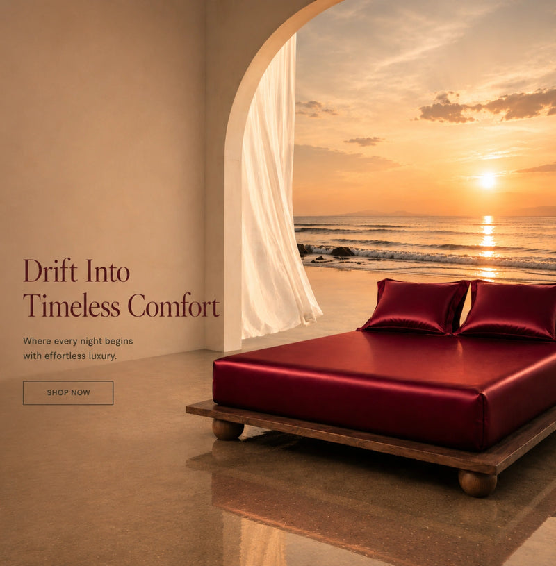 Red bed in a room with an ocean view and sunset, promoting 'Drift Into Timeless Comfort'.