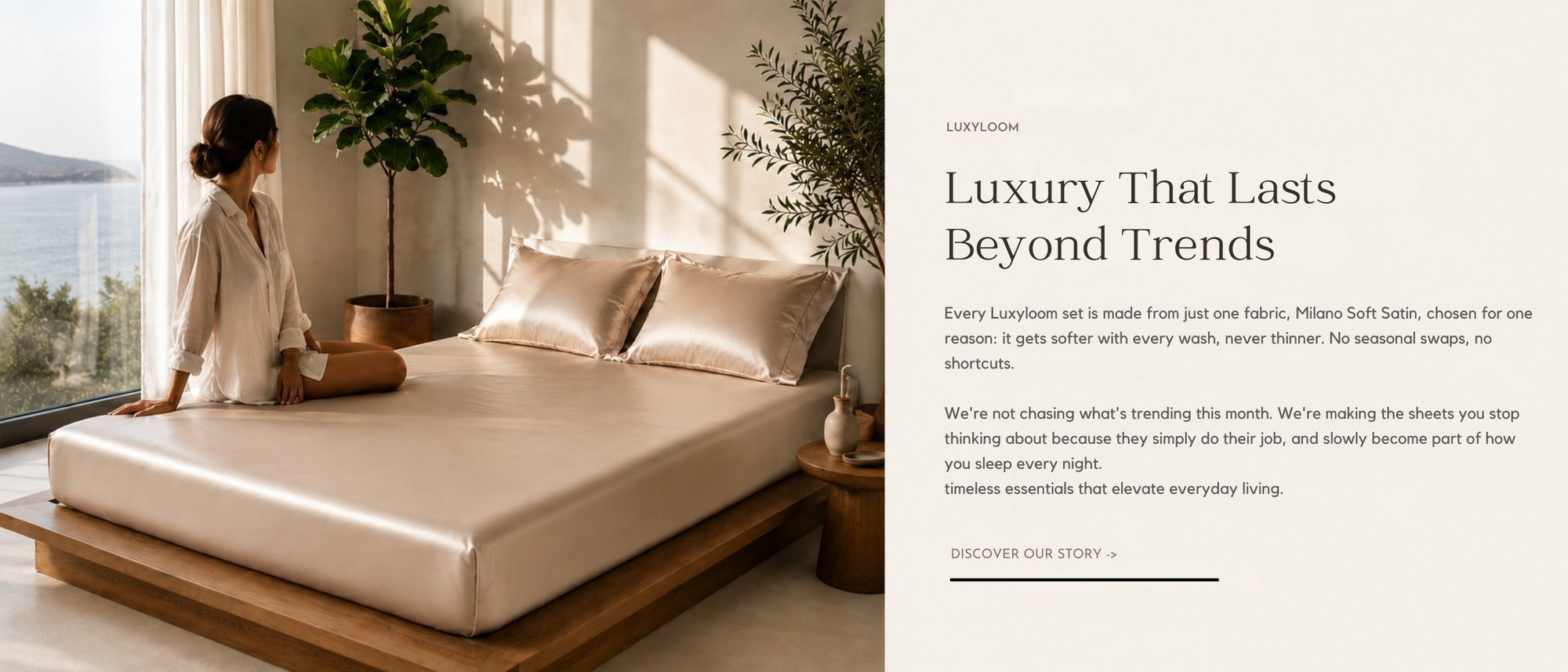 A luxury bed with a light beige mattress and matching pillows on a wooden frame, styled in a bright bedroom with a woman standing by the window. The right side features a text overlay with the headline 'Luxury That Lasts Beyond Trends' and descriptive copy.