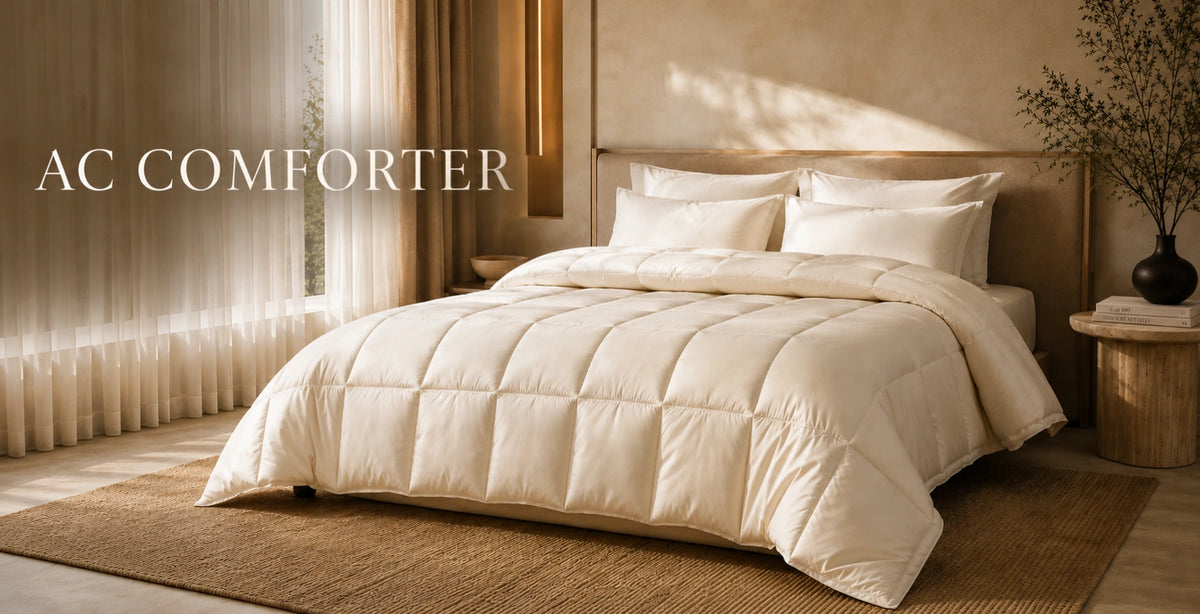 Beige comforter on a bed in a bedroom setting with 'AC Comforter' text.