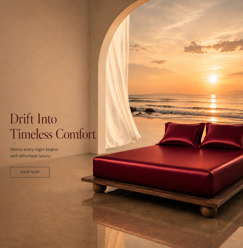Red bed in a room with an ocean view and sunset, promoting 'Drift Into Timeless Comfort'.
