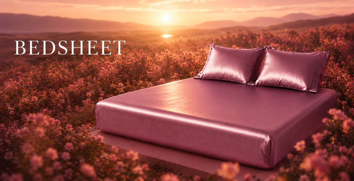A bed dressed in shiny rose bedding with two matching pillowcases, placed outdoors in a field of pink flowers at sunset. The word 'BEDSHEET' appears in white text on the left.