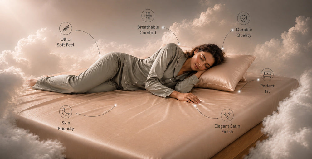 Woman lying on a mattress with features highlighted, including ultra soft feel, breathable comfort, durable quality, perfect fit, skin-friendly, and elegant satin finish.