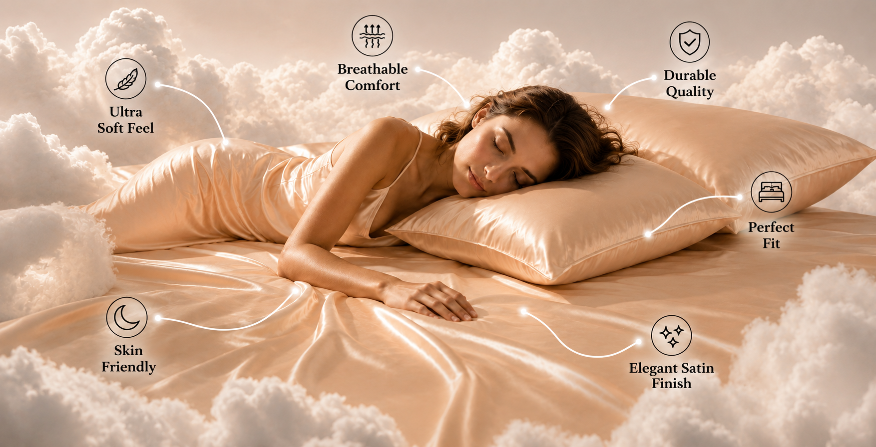 A woman lies on a bed covered with satin bedding and pillows, surrounded by soft clouds. Text callouts highlight features such as ultra soft feel, breathable comfort, durable quality, perfect fit, skin friendly, and elegant satin finish.