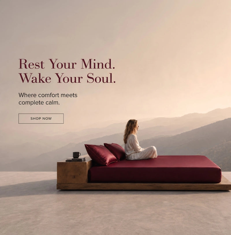 A woman sits cross-legged on a low wooden platform bed with deep burgundy bedding and matching pillows, set against a misty mountain landscape. Large text on the left reads, 'Rest Your Mind.