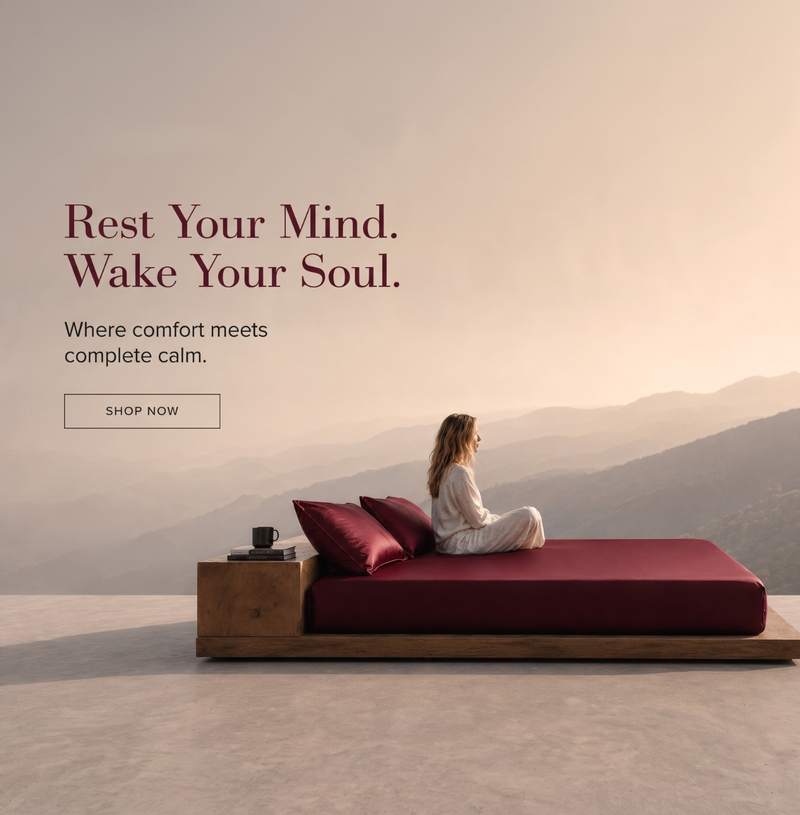A woman sits cross-legged on a low wooden platform bed with deep burgundy bedding and matching pillows, set against a misty mountain landscape. Large text on the left reads, 'Rest Your Mind.