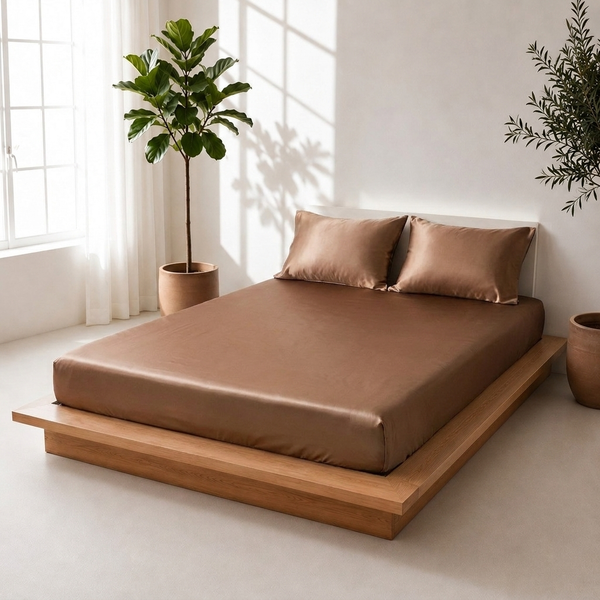 Angled view of a toffee satin bedsheet with matching pillow covers on a wooden platform bed beside indoor plants