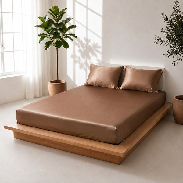 A bed dressed in a smooth toffee bedsheet and two matching pillowcases, set on a low wooden platform bed in a bright, modern bedroom with potted plants and natural window light.