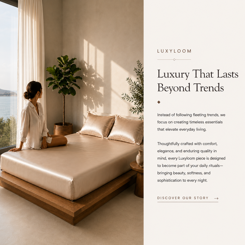 Woman sitting on a bed in a modern bedroom with Luxyloom branding.