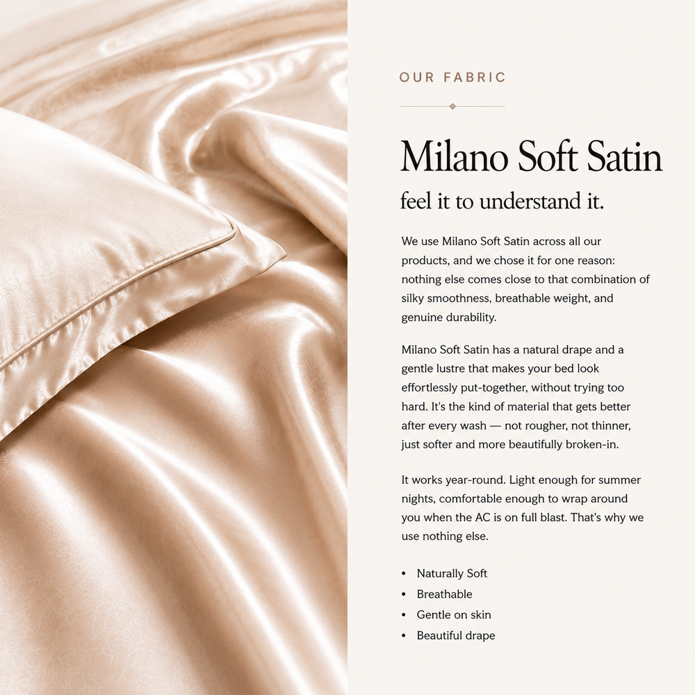 Close-up of Luxyloom Milano Soft Satin fabric showcasing its silky smooth texture, soft sheen, and premium luxury finish.