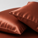 Two brown satin pillows on a light gray background
