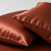 Two brown satin pillows on a light gray background