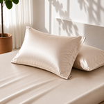 Two vanilla satin pillows on a bed with a plant in the background