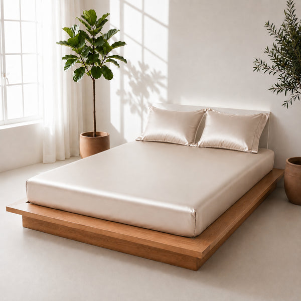 Minimalist bedroom with a wooden platform bed, white bedding, and potted plants.