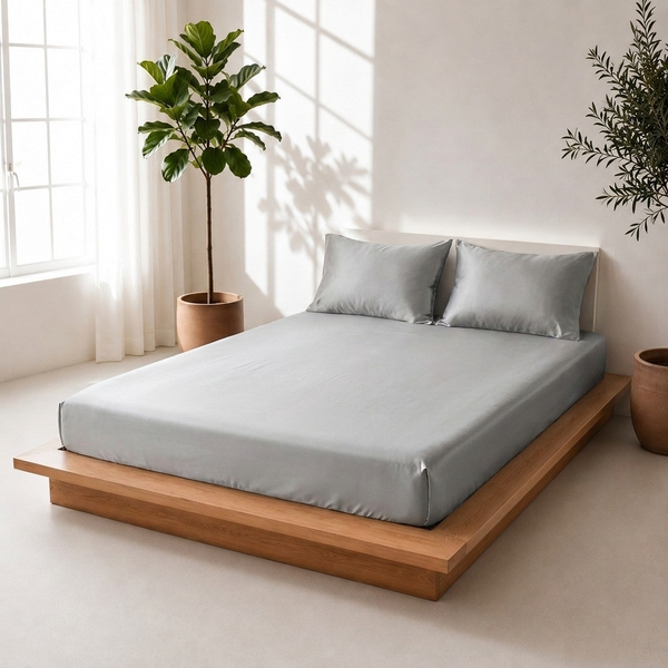Side angle of a silver grey satin bedsheet with matching pillow covers on a wooden platform bed beside indoor plants