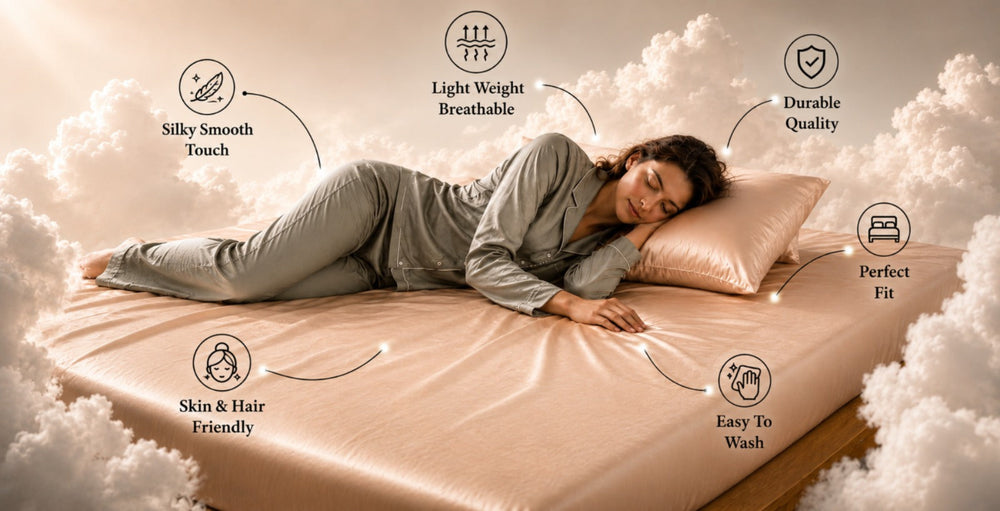 Luxyloom premium satin bedsheet featuring silky smooth texture, breathable fabric, durable quality, skin and hair friendly comfort, perfect fit, and easy-to-wash design.