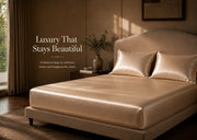 A bed dressed in shiny sand gold satin sheets and matching pillowcases in a warmly lit bedroom. Text on the left reads, 'Luxury That Stays Beautiful' with smaller descriptive copy below.